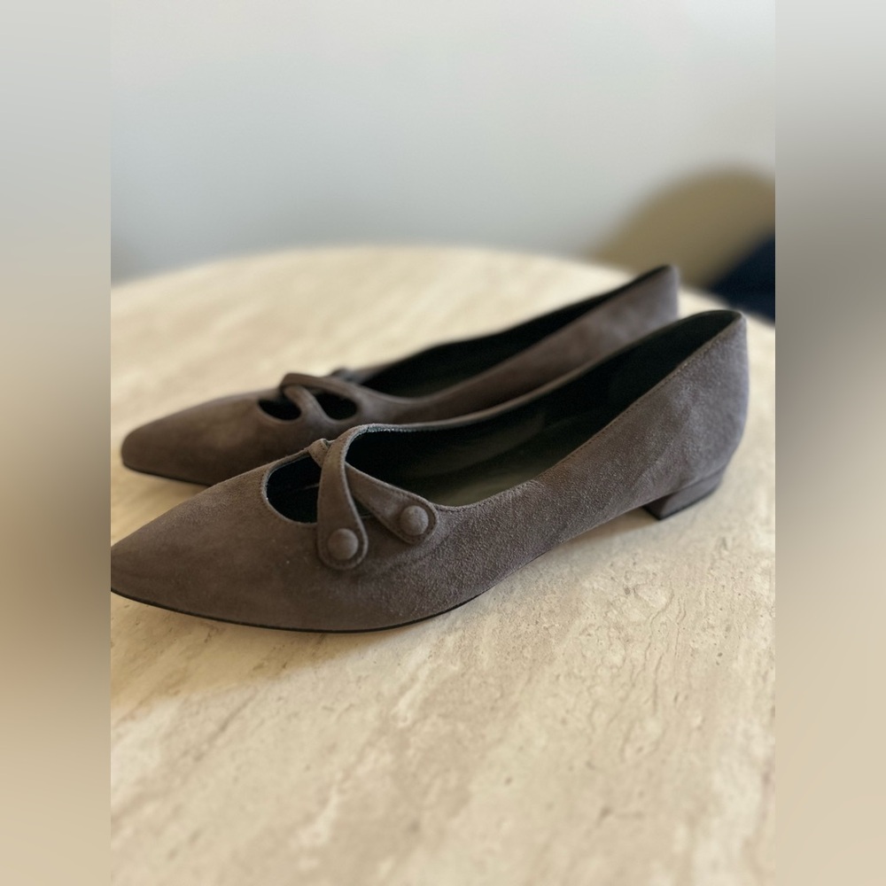 Stuart Weitzman Suede Pointed Toe Crisscross Button Flats